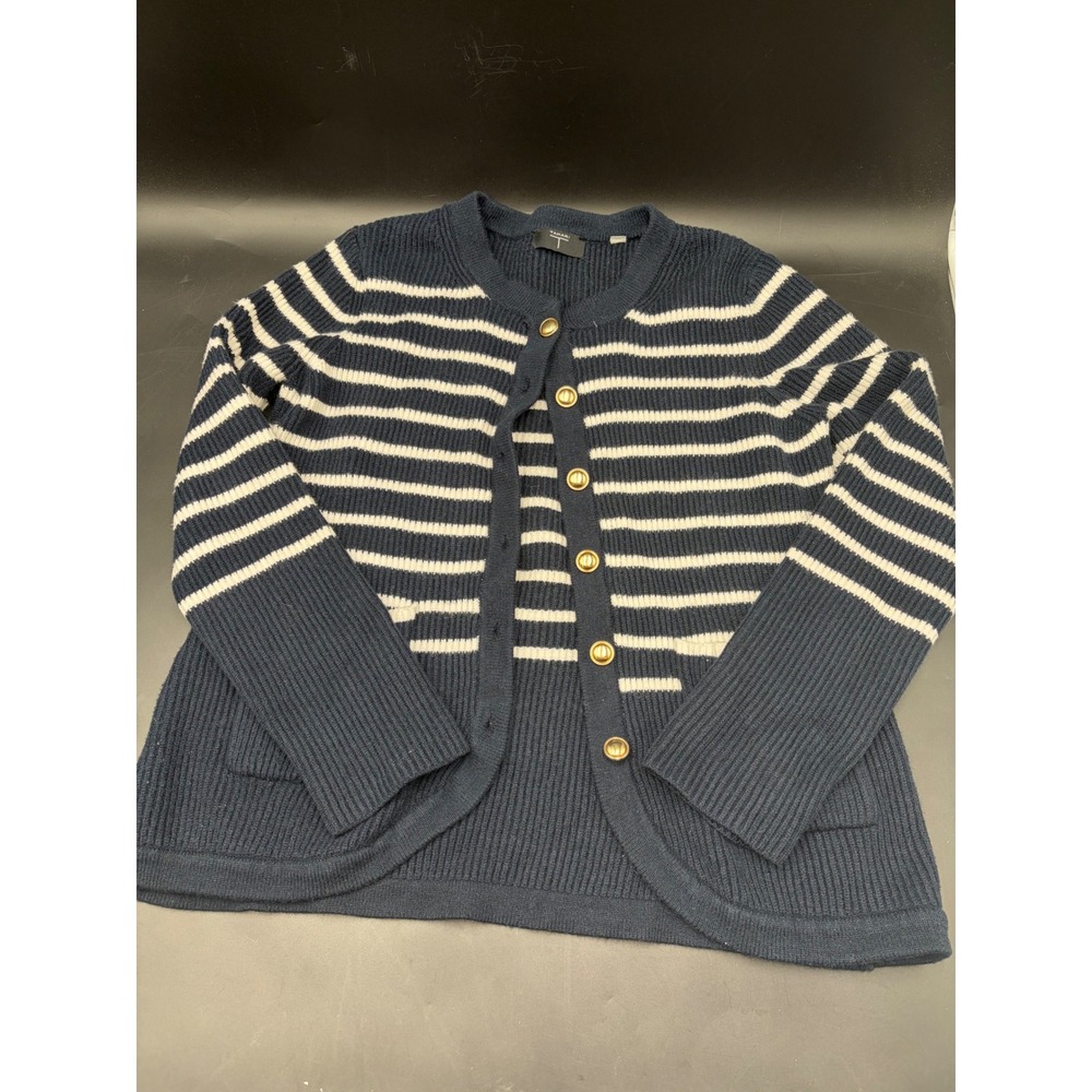 Tahari Womens Navy White Striped Gold Button Ribbed Cardigan Sweater M EXCELLENT